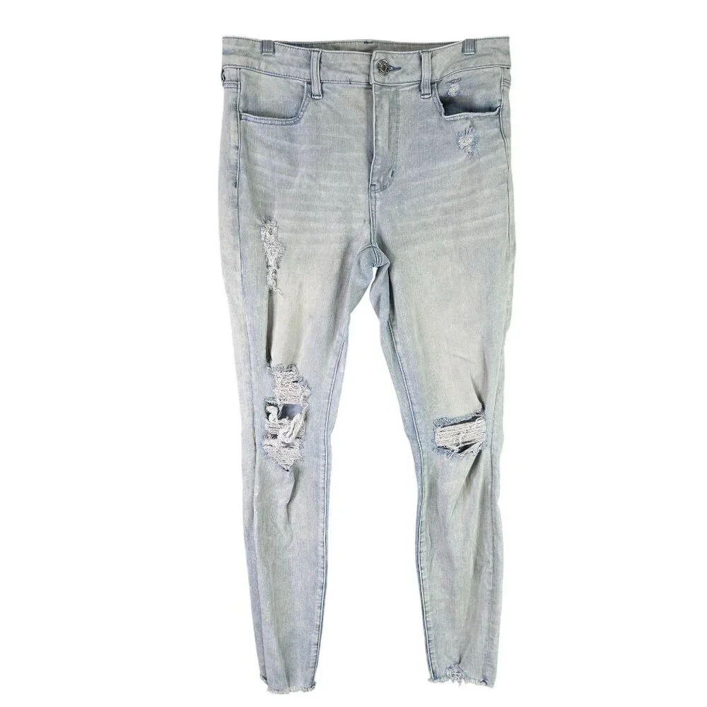 Womens American Eagle Hi-Rise Blue Denim Jegging Distressed Light Wash Size 12